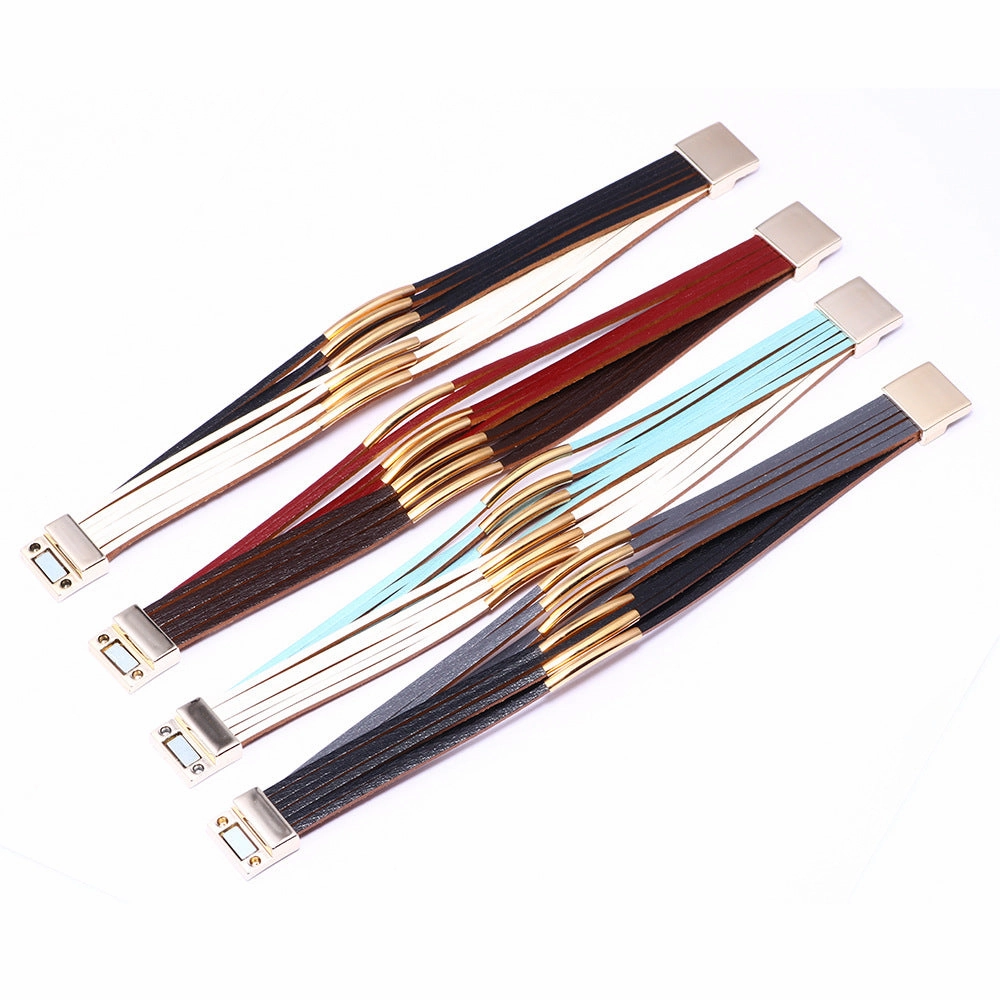 Wholesale Colorblock Alloy Hands Magnet Buckle Leather Bracelet
