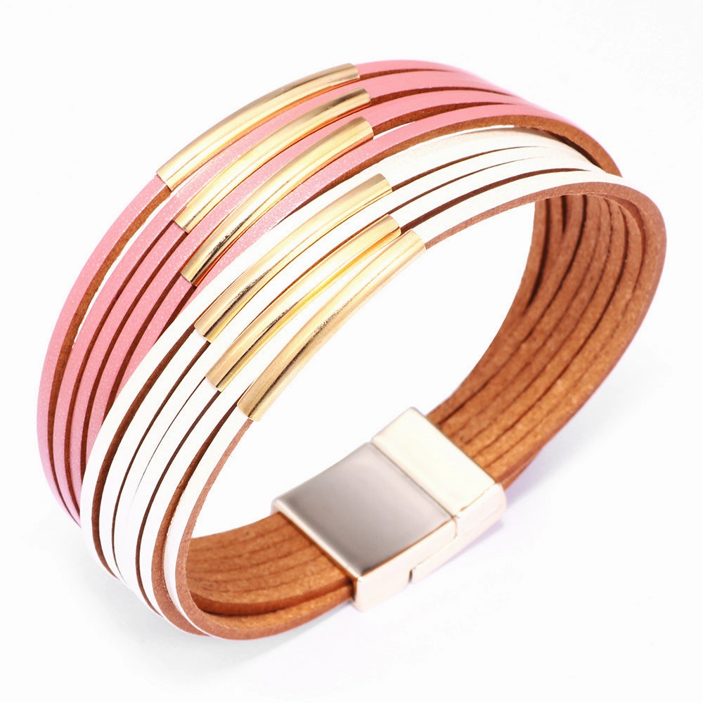 Wholesale Colorblock Alloy Hands Magnet Buckle Leather Bracelet