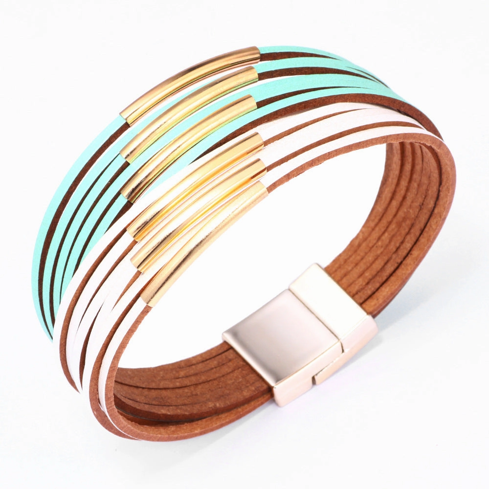 Wholesale Colorblock Alloy Hands Magnet Buckle Leather Bracelet