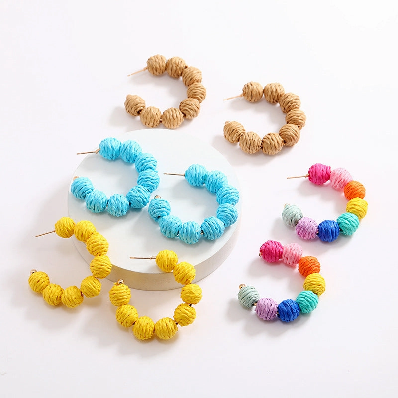 Wholesale Colored C-shaped Rattan Woven Earrings