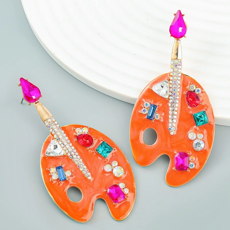 Wholesale Colored Diamond Alloy Drip Oil Inlaid Diamond Cartoon Palette Earrings