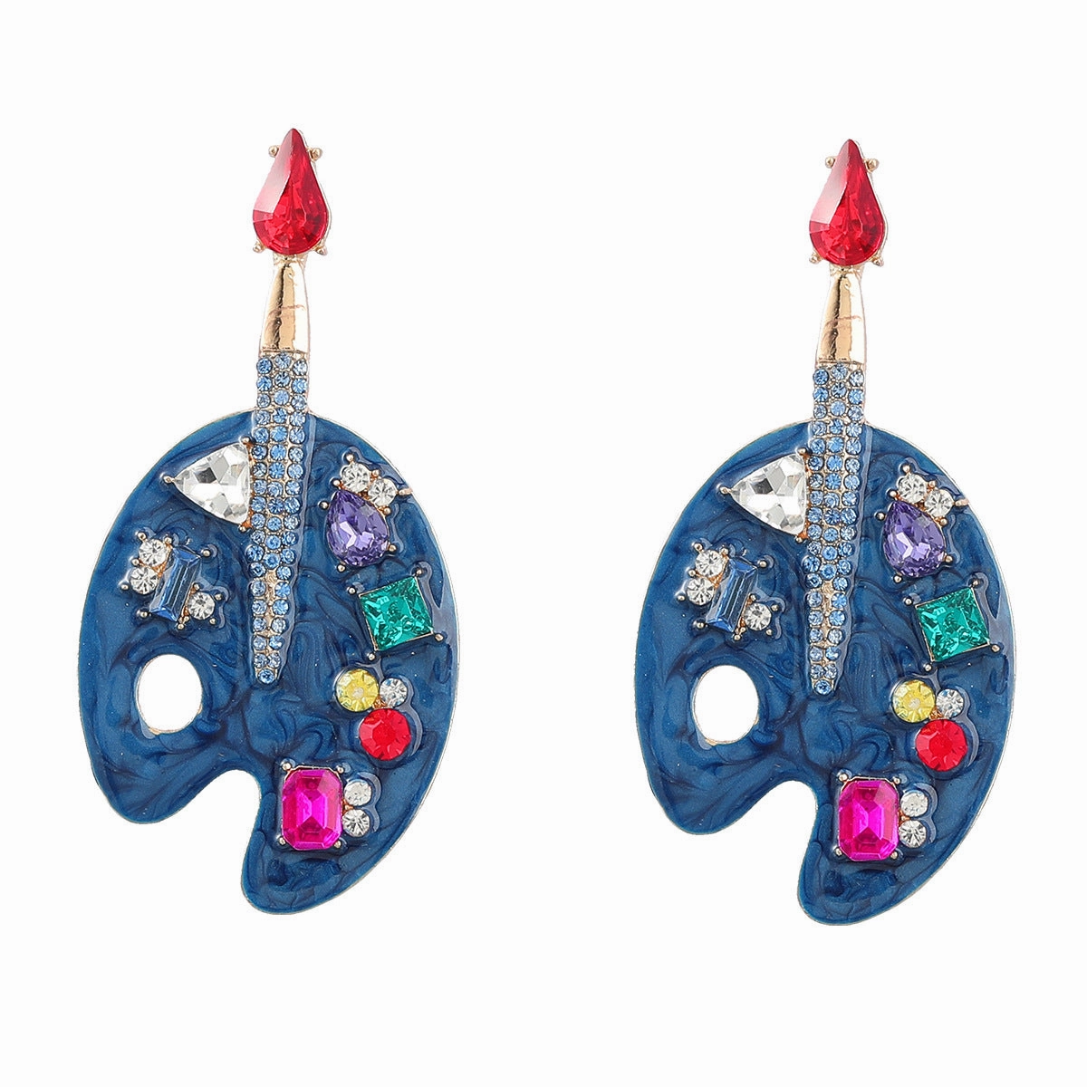 Wholesale Colored Diamond Alloy Drip Oil Inlaid Diamond Cartoon Palette Earrings