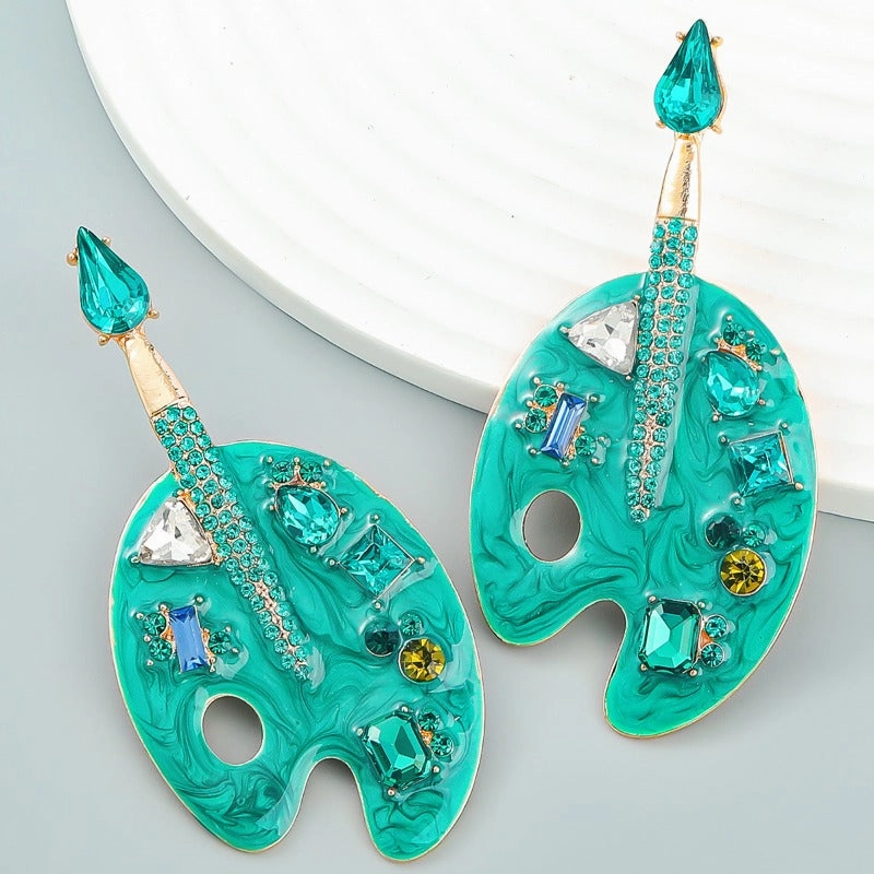 Wholesale Colored Diamond Alloy Drip Oil Inlaid Diamond Cartoon Palette Earrings