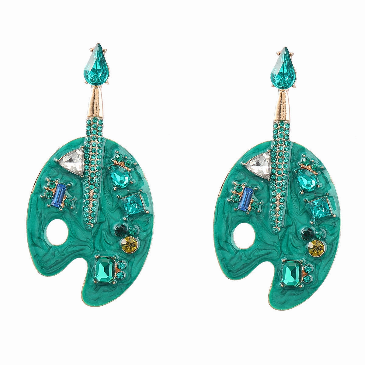 Wholesale Colored Diamond Alloy Drip Oil Inlaid Diamond Cartoon Palette Earrings
