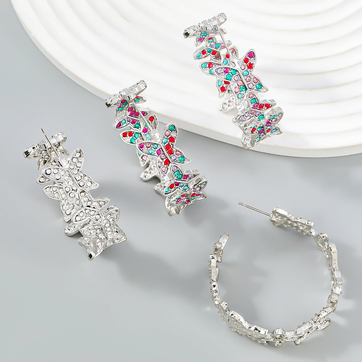 Wholesale Colored Diamond Butterfly Alloy Earrings