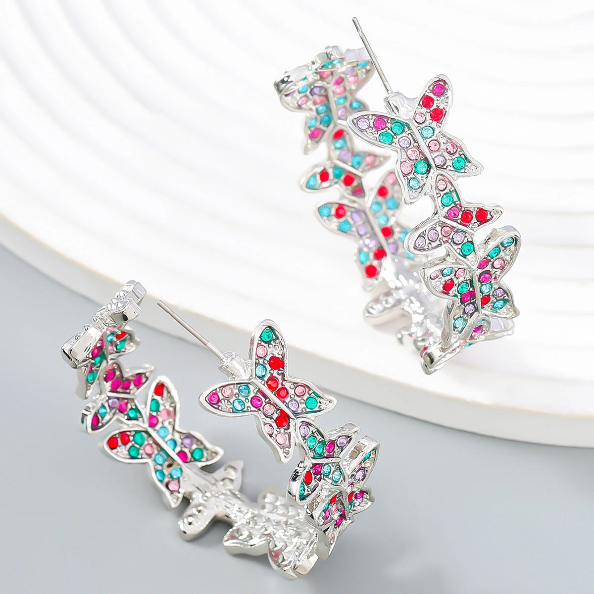 Wholesale Colored Diamond Butterfly Alloy Earrings
