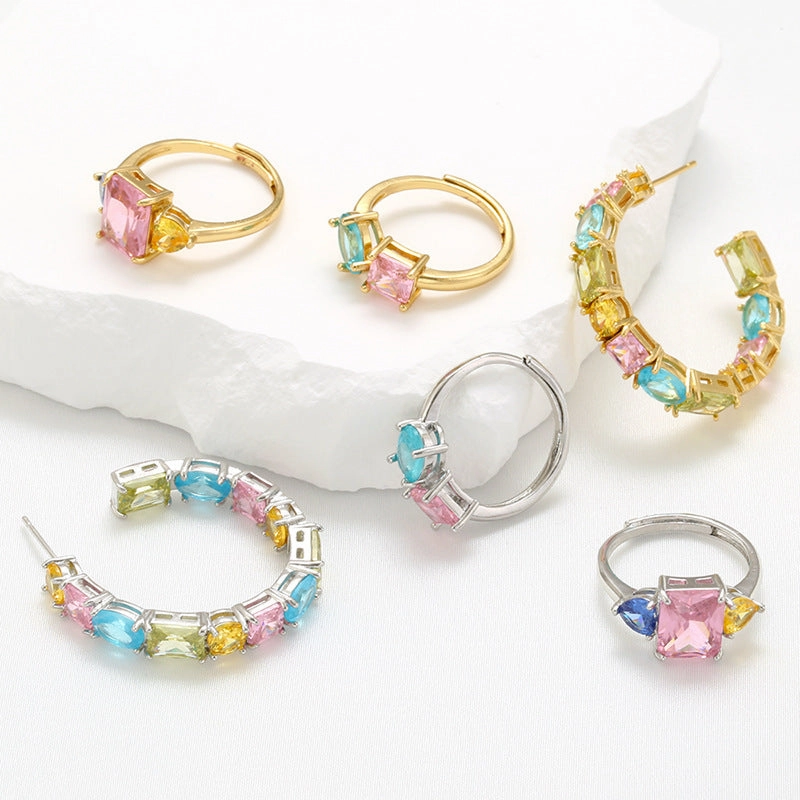Wholesale Colored Diamond Candy Color Geometric Zircon Prongs Copper Earrings