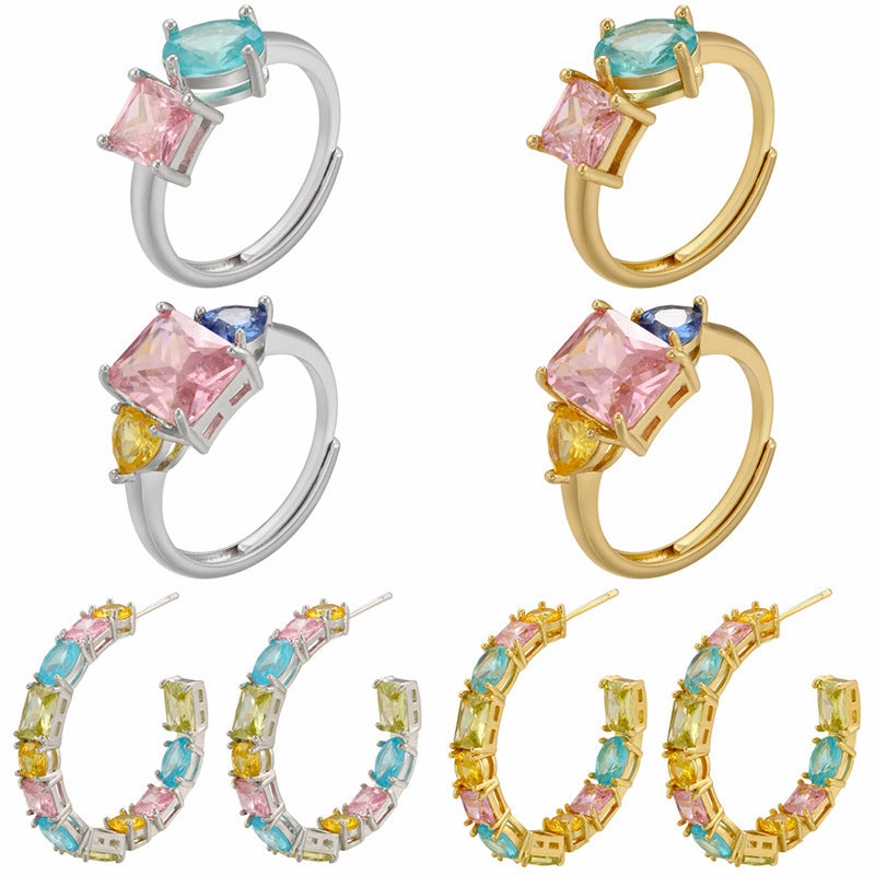 Wholesale Colored Diamond Candy Color Geometric Zircon Prongs Copper Earrings