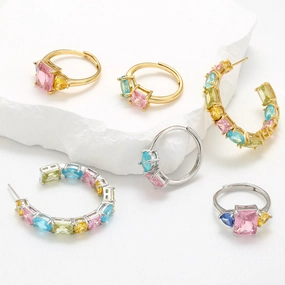 Wholesale Colored Diamond Candy Color Geometric Zircon Prongs Copper Earrings