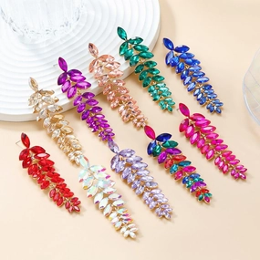 Wholesale Colored Diamond Full Diamond Long Leaf Earrings