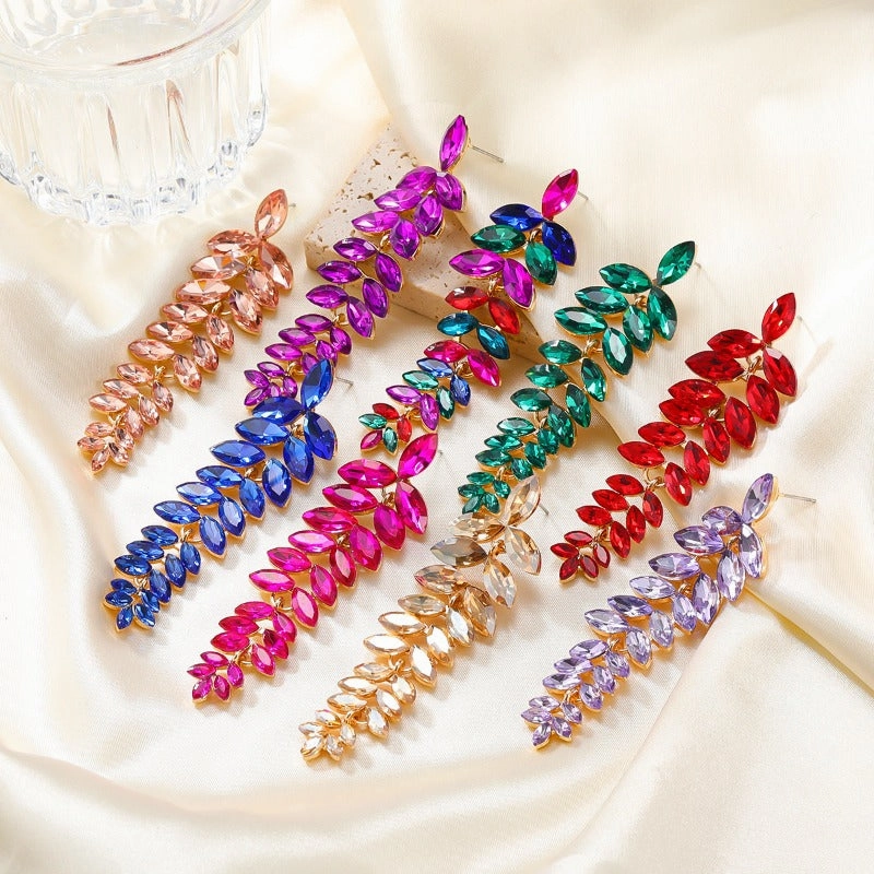 Wholesale Colored Diamond Full Diamond Long Leaf Earrings