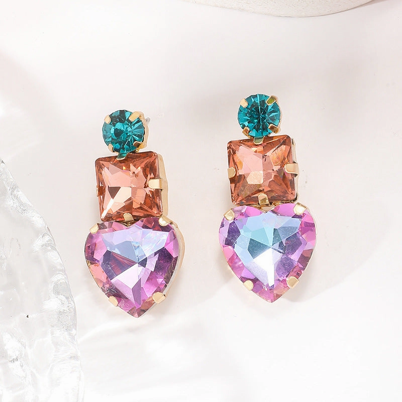 Wholesale Colored Diamond Geometric Heart Alloy Earrings
