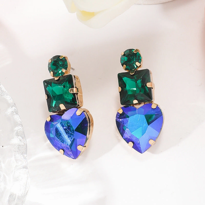 Wholesale Colored Diamond Geometric Heart Alloy Earrings