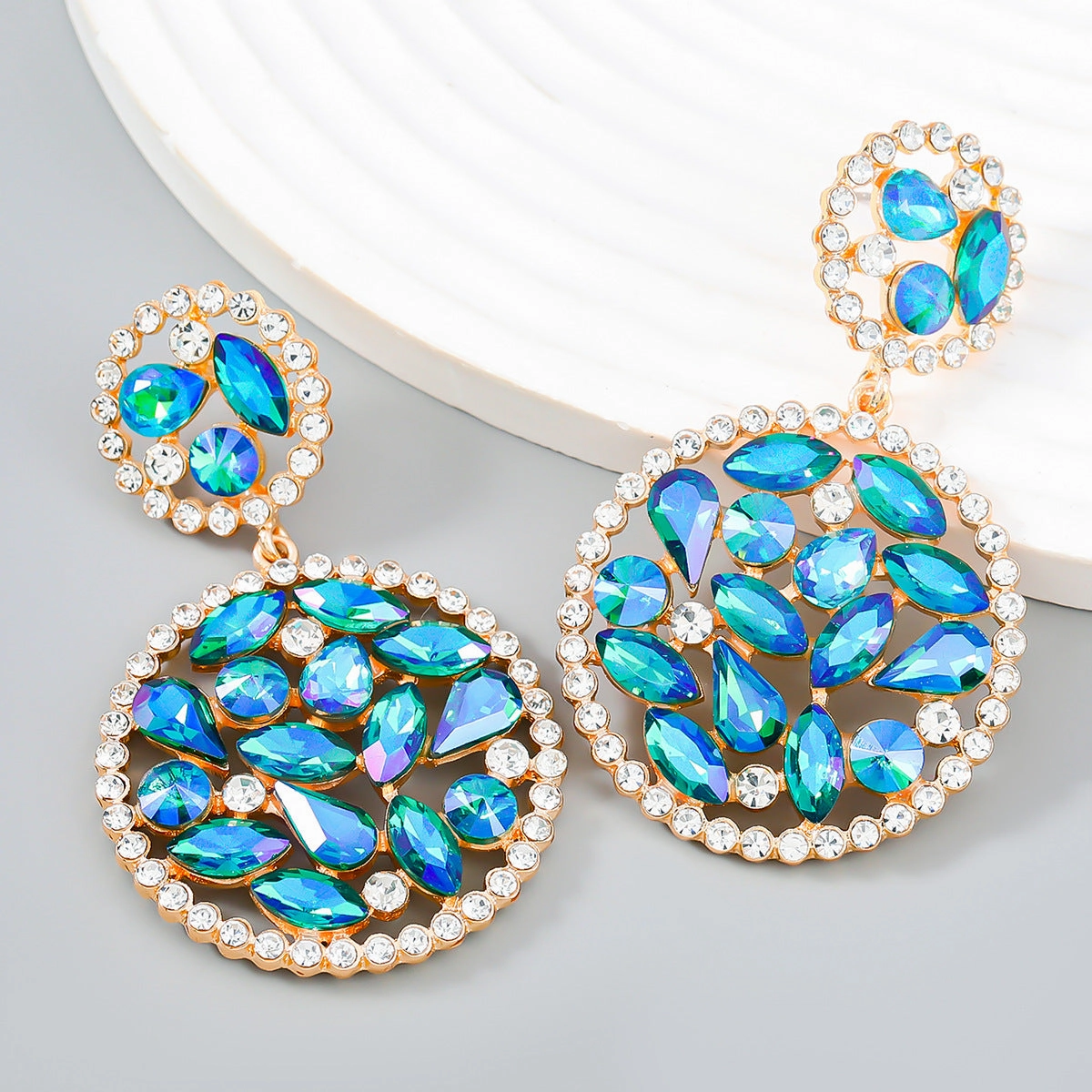 Wholesale Colored Diamond Multilayer Round Alloy Earrings