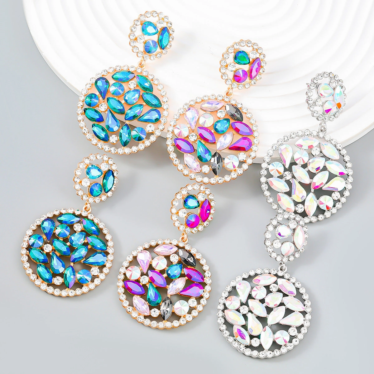 Wholesale Colored Diamond Multilayer Round Alloy Earrings