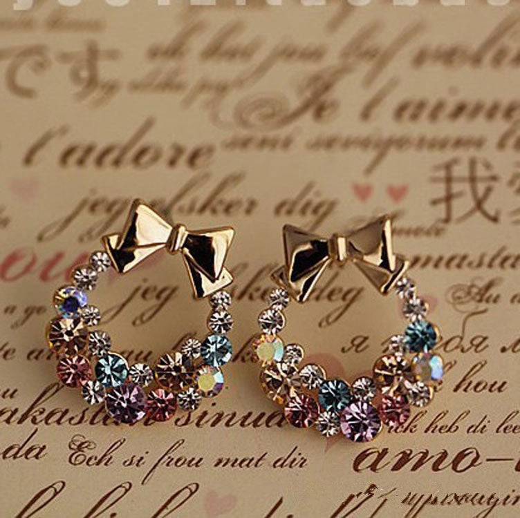 Wholesale Colored Diamonds Bows Alloy Earrings