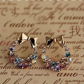 Wholesale Colored Diamonds Bows Alloy Earrings