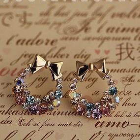 Wholesale Colored Diamonds Bows Alloy Earrings