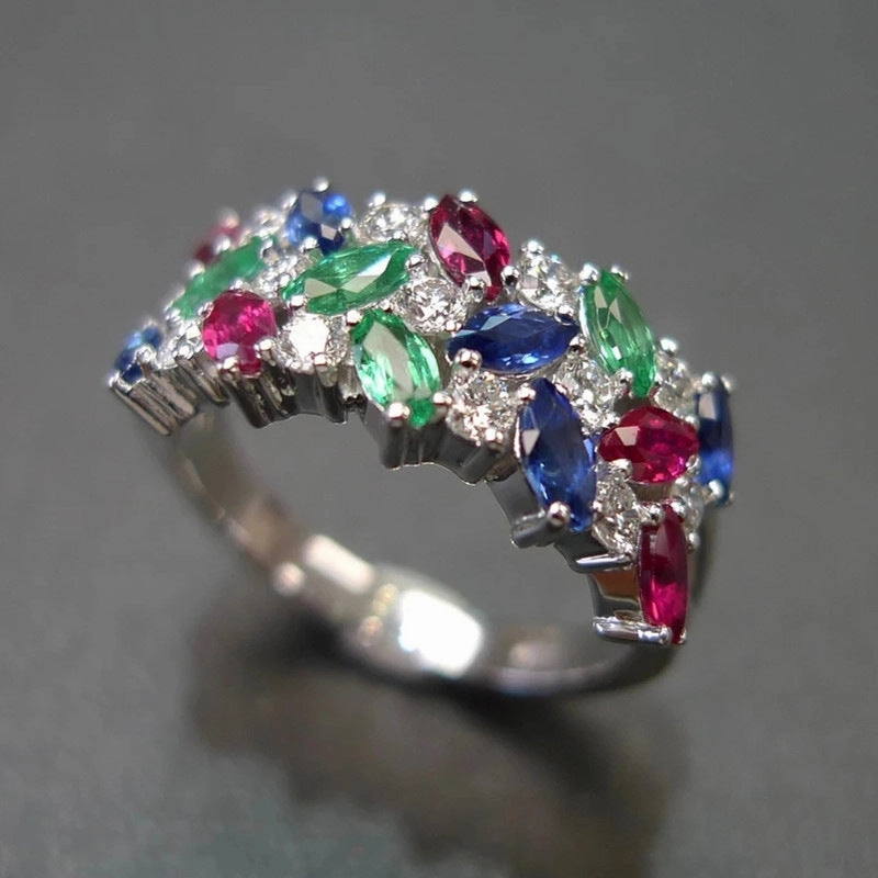 Wholesale Colored Marquise Zircon Three Rows Inlaid Women's Index Finger Ring