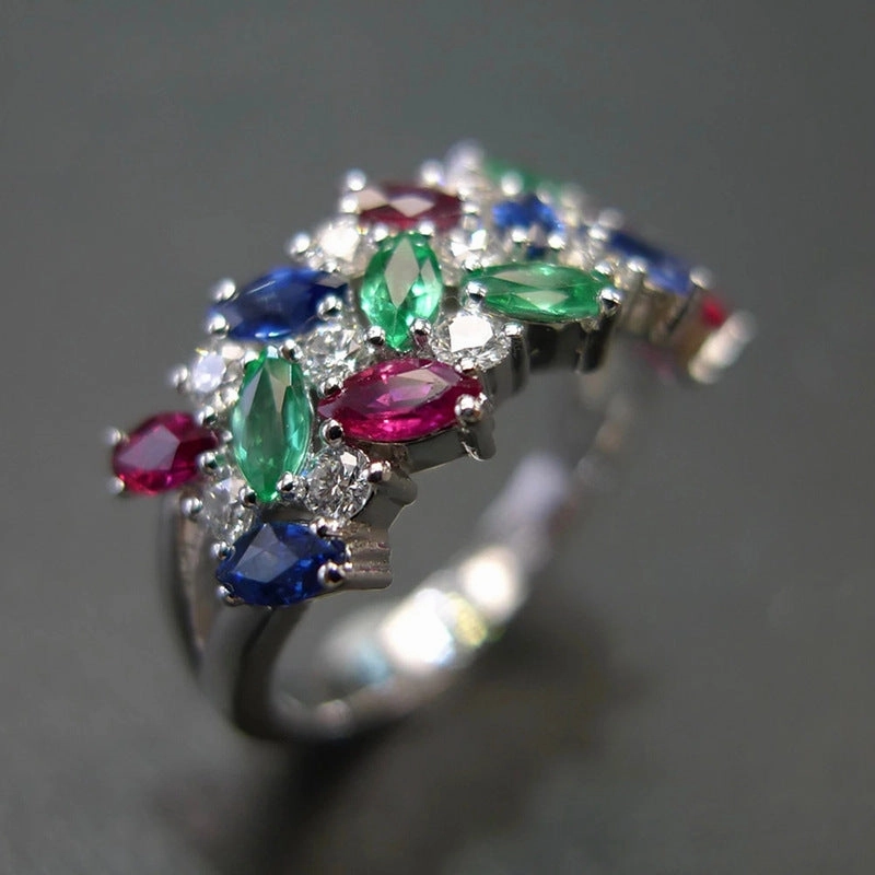 Wholesale Colored Marquise Zircon Three Rows Inlaid Women's Index Finger Ring