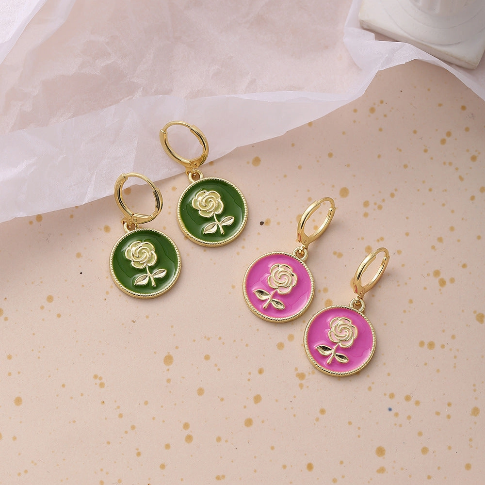 Wholesale Colored Oil Drip Rose Alloy Earrings