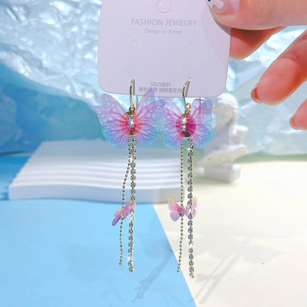 Wholesale Colored Organza Tassels Butterfly Micro-paved Rhinestone Long Earrings