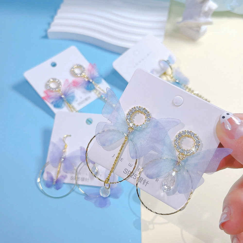 Wholesale Colored Organza Tassels Butterfly Micro-paved Rhinestone Long Earrings