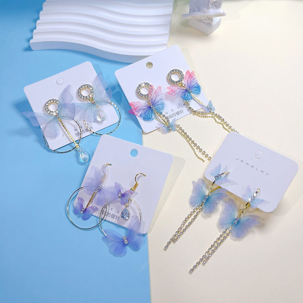 Wholesale Colored Organza Tassels Butterfly Micro-paved Rhinestone Long Earrings