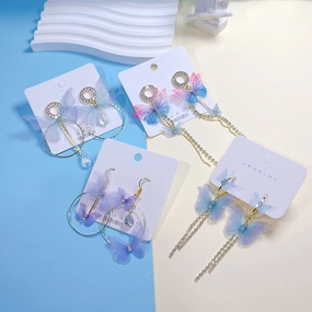 Wholesale Colored Organza Tassels Butterfly Micro-paved Rhinestone Long Earrings