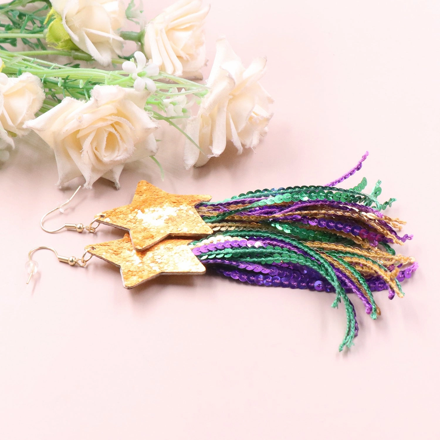 Wholesale Colored Tassel Sequins with Five Pointed Stars Fabric Earrings