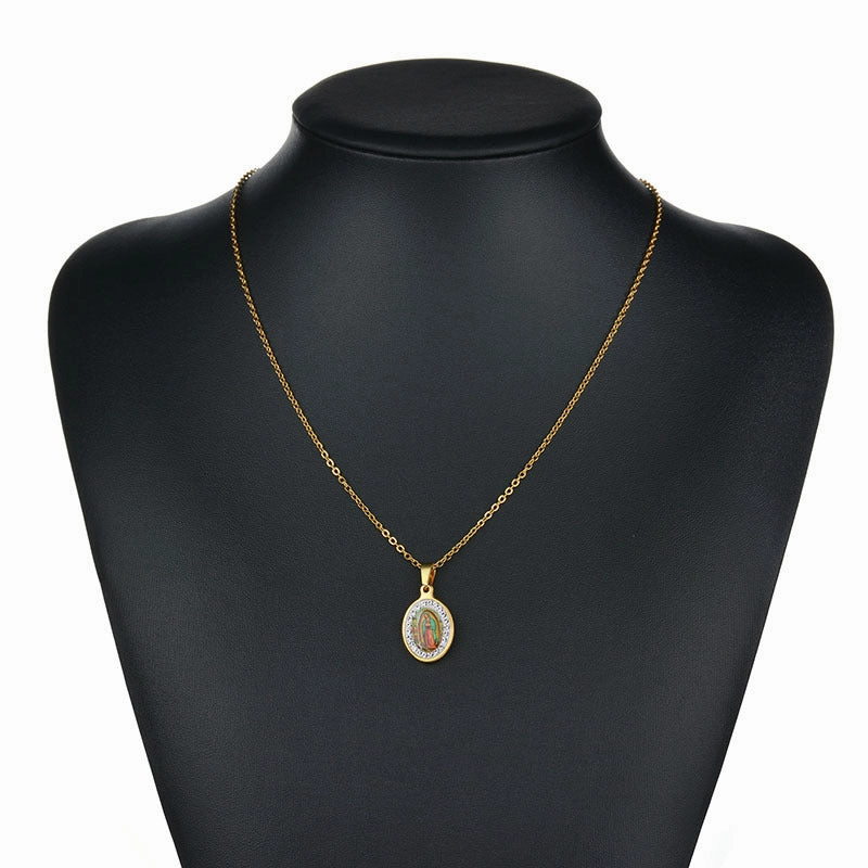 Wholesale Colored Virgin Mary Drop Glue Pendant Oval Diamond Set Stainless Steel Necklaces