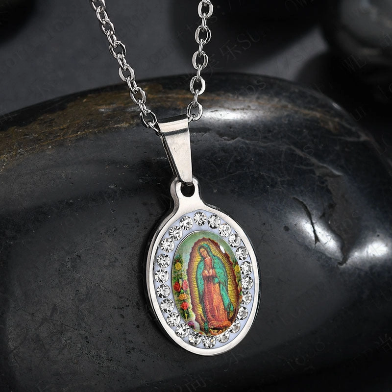 Wholesale Colored Virgin Mary Drop Glue Pendant Oval Diamond Set Stainless Steel Necklaces