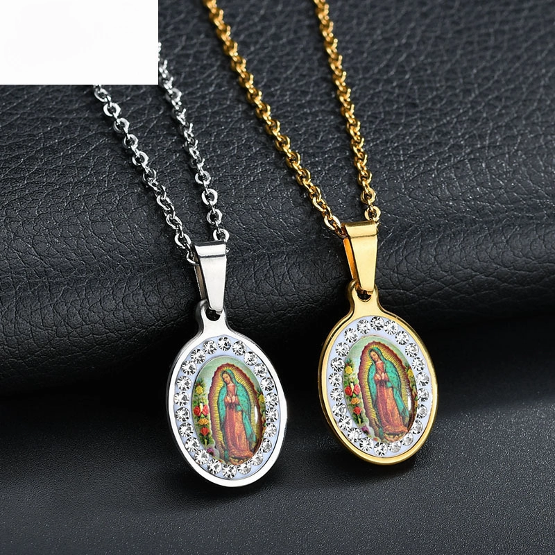 Wholesale Colored Virgin Mary Drop Glue Pendant Oval Diamond Set Stainless Steel Necklaces