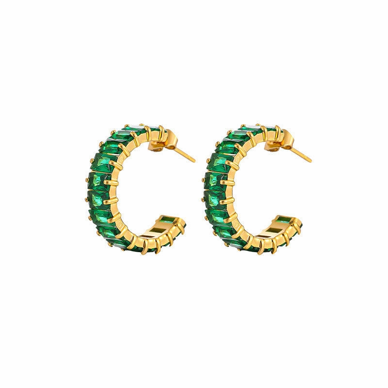 Wholesale Colored Zircon Stainless Steel Gold Plated C Shape Earrings
