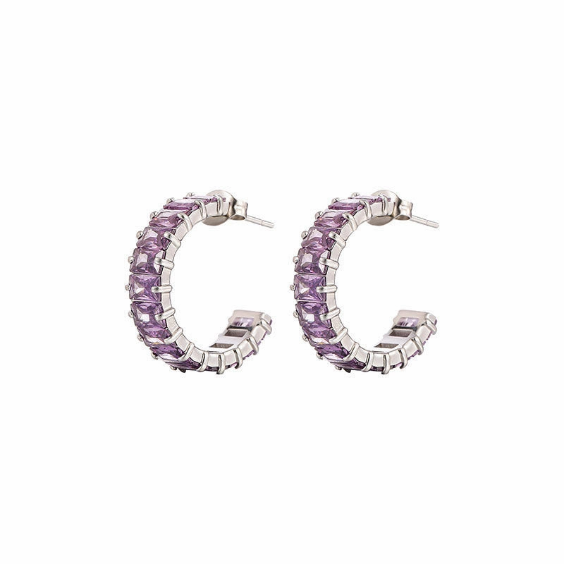 Wholesale Colored Zircon Stainless Steel Gold Plated C Shape Earrings