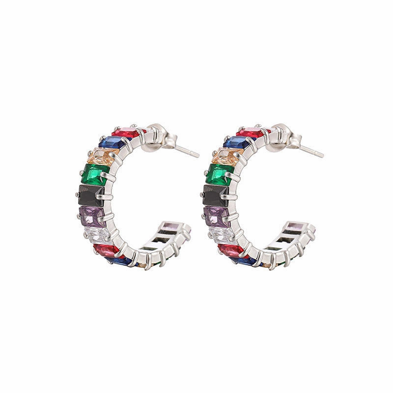 Wholesale Colored Zircon Stainless Steel Gold Plated C Shape Earrings