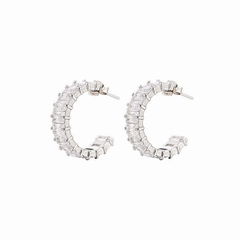 Wholesale Colored Zircon Stainless Steel Gold Plated C Shape Earrings
