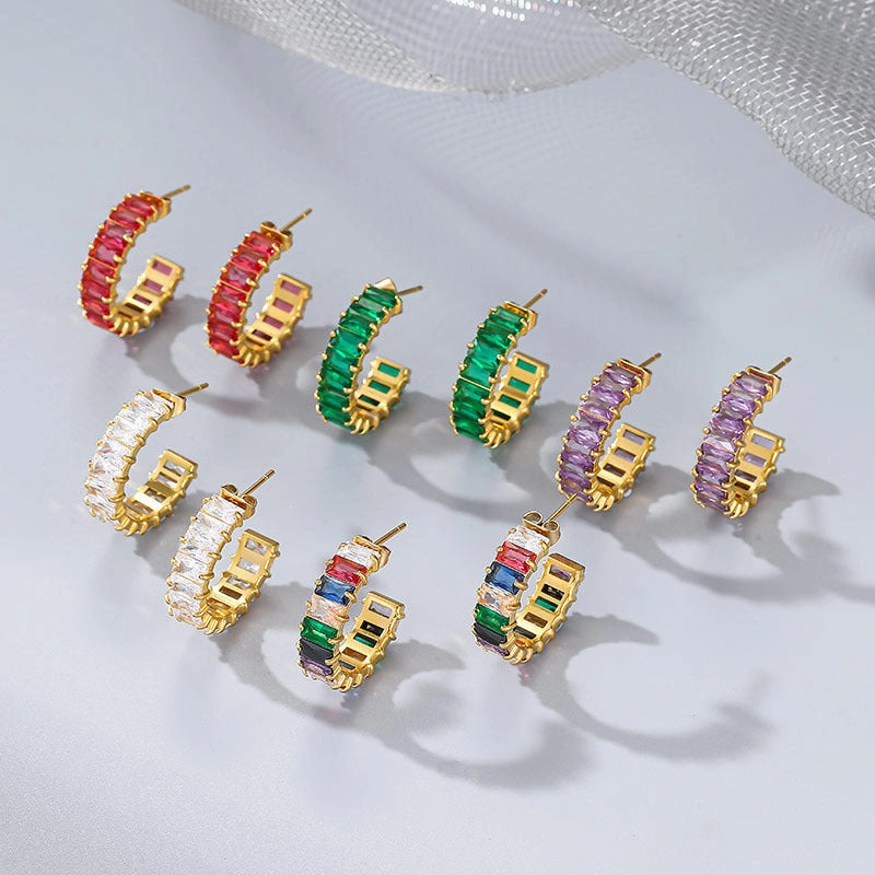 Wholesale Colored Zircon Stainless Steel Gold Plated C Shape Earrings