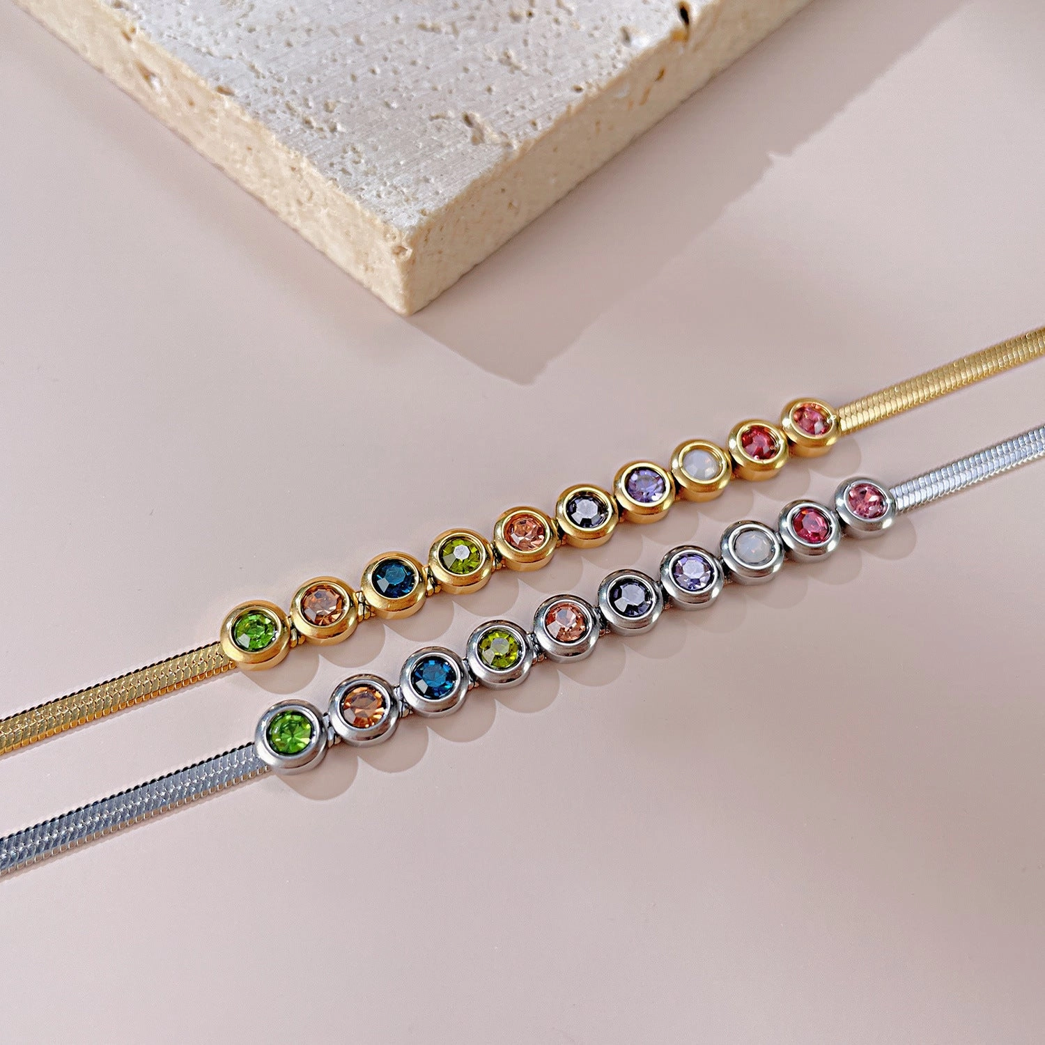 Wholesale Colored Zirconia Flat Blade Stainless Steel Bracelet