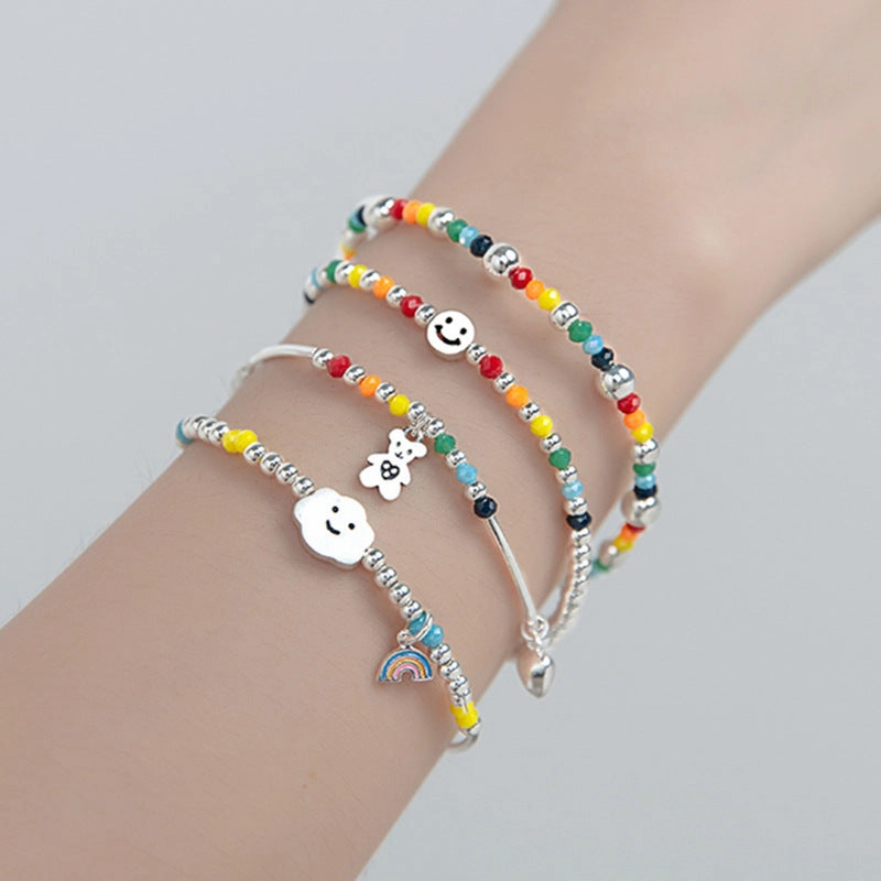 Wholesale Colorful Beaded Elastic Rope Smiley Rainbow Cloud Love Bear Bracelet