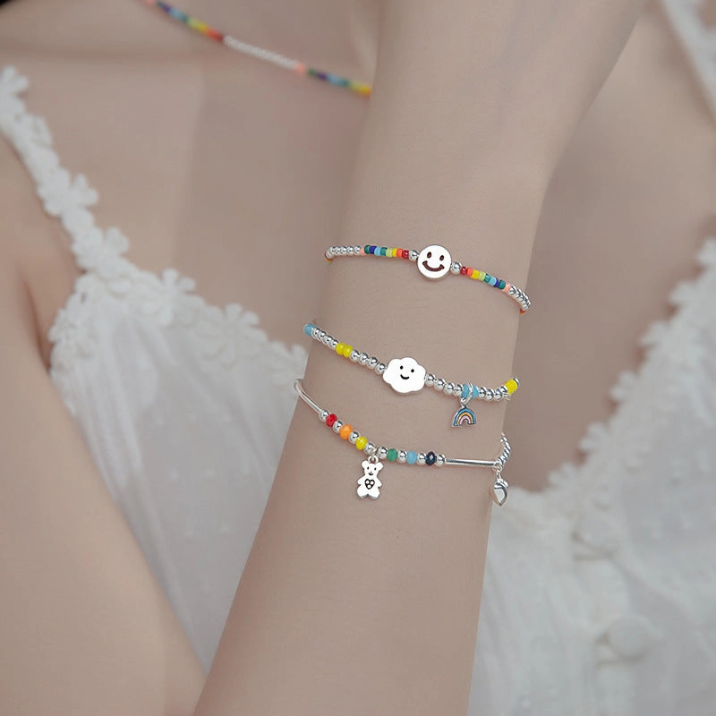 Wholesale Colorful Beaded Elastic Rope Smiley Rainbow Cloud Love Bear Bracelet