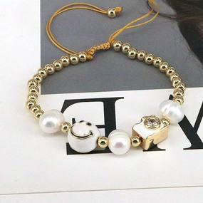 Wholesale Colorful Drops Oil Smile Zircon Freshwater Pearl Round Bead Braided Copper Bracelet