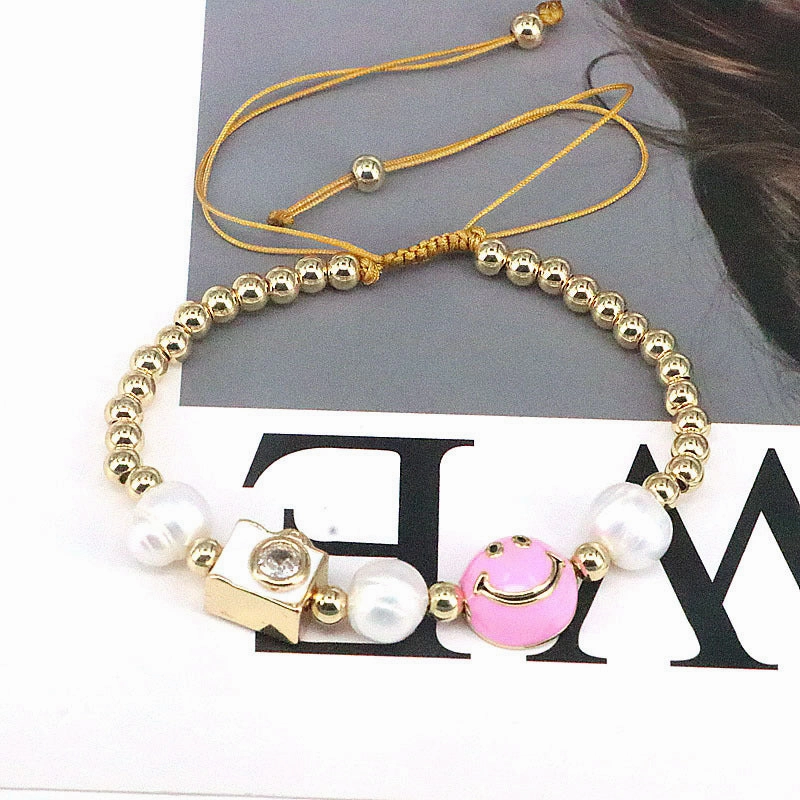 Wholesale Colorful Drops Oil Smile Zircon Freshwater Pearl Round Bead Braided Copper Bracelet