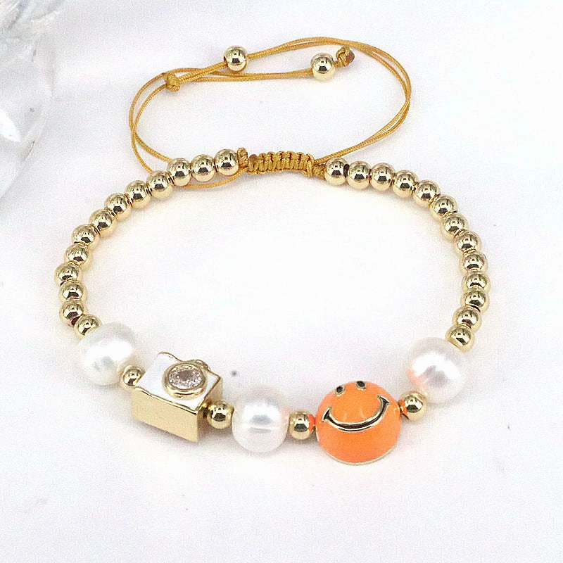 Wholesale Colorful Drops Oil Smile Zircon Freshwater Pearl Round Bead Braided Copper Bracelet