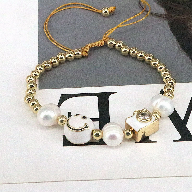 Wholesale Colorful Drops Oil Smile Zircon Freshwater Pearl Round Bead Braided Copper Bracelet