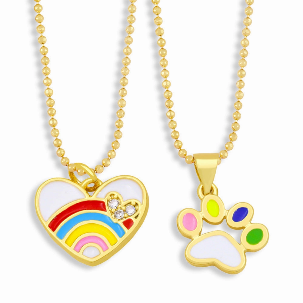 Wholesale colorful enamel dog paw print pendant clavicle chain simple sweater chain plated with 18K gold