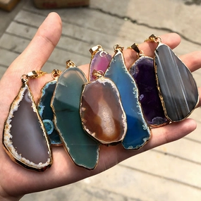 Wholesale Colorful Natural Agate Raw Stone Sliced Necklace Sweater Chain