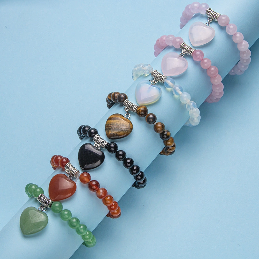 Wholesale Colorful Natural Stone Crystal Heart Stretch 8MM Bracelet