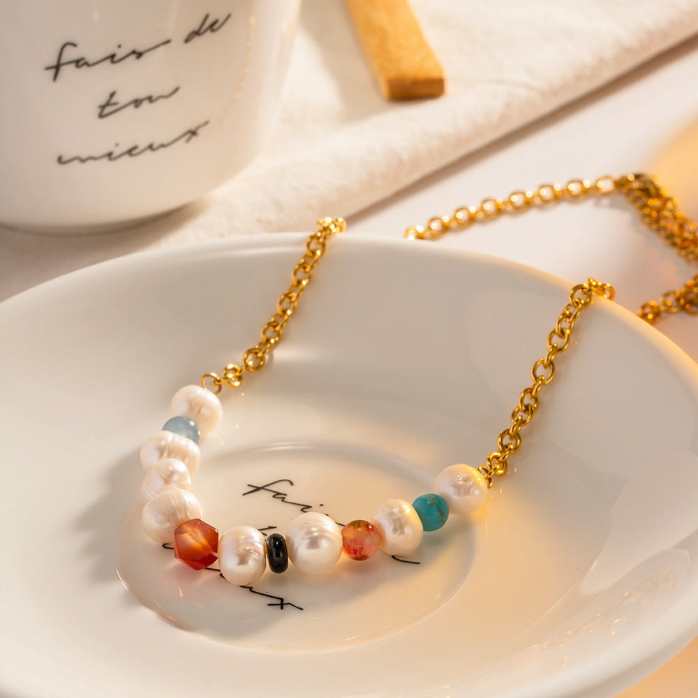 Wholesale Colorful Natural Stone Pearl Beads 18k Gold Stainless Steel Necklaces