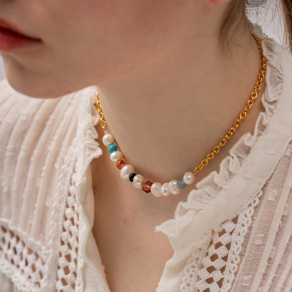 Wholesale Colorful Natural Stone Pearl Beads 18k Gold Stainless Steel Necklaces